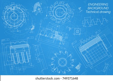 Mechanical engineering drawings on blue background. Cutting tools, milling cutter. Technical Design. Cover. Blueprint. Vector illustration.