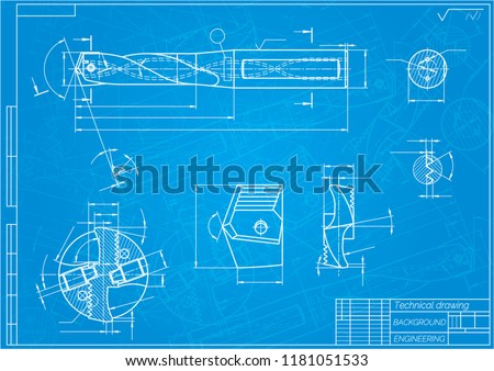 Mechanical engineering drawings on blue background. Drill tools,  borer. Technical Design. Cover. Blueprint. Vector illustration.
