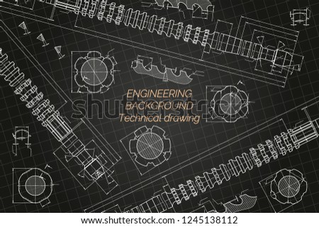 Mechanical engineering drawings on blue background. Broach. Technical Design. Cover. Blueprint. Vector illustration.