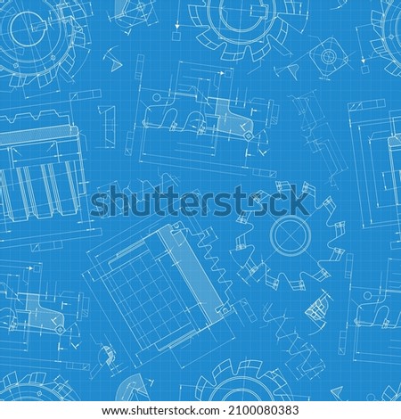 Mechanical engineering drawings on blue background. Cutting tools, milling cutter. Technical Design. Cover. Blueprint. Seamless pattern. Vector illustration