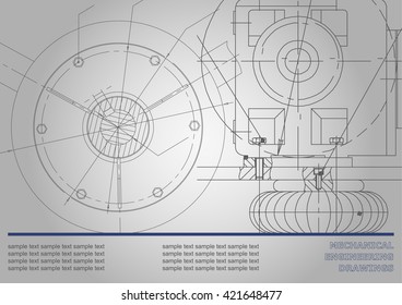 Mechanical engineering drawings on a gray background. Vector. Gray background for inscription. Corporate Identity