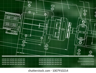 Mechanical engineering drawings on a Green background. Grid. Vector. Background for inscription