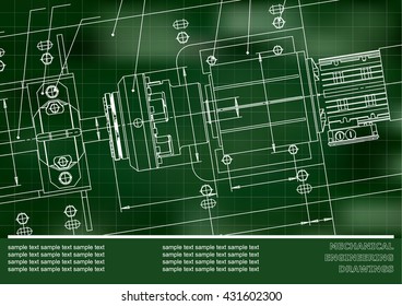 Mechanical engineering drawings on a green background. Vector. Grid. Cover, Background for inscription labels