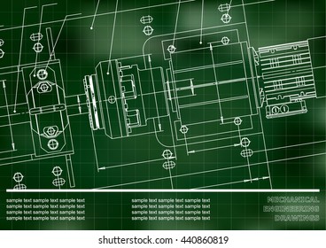 Mechanical engineering drawings on a green background. Vector. Cover, Background for inscription labels. Grid