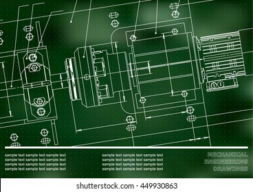 Mechanical engineering drawings on a green background. Vector. Cover, Background for inscription labels. Points