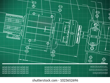 Mechanical engineering drawings on a Light green background. Grid. Vector. Background for inscription