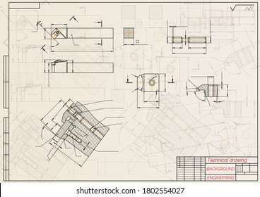 Mechanical engineering drawings on light background. Cutter,  assembly tool with replaceable multi-faceted plate. Technical Design. Cover. Blueprint. Vector illustration.
