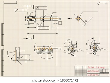 Mechanical engineering drawings on light background. Tap tools,  borer. Technical Design. Cover. Blueprint. Vector illustration.