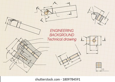 Mechanical engineering drawings on light background. Cutter,  assembly tool with replaceable multi-faceted plate. Technical Design. Cover. Blueprint. Vector illustration.