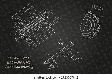 Maschinenbauzeichnungen auf hellem Hintergrund. Werkzeug zum Schneiden von Zahnrädern. Technisches Design. Abdeckung. Blueprint. Vektorgrafik