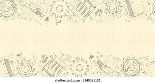 Mechanical engineering drawings on light background. Cutting tools, milling cutter. Technical Design. Cover. Blueprint. Horizontal seamless pattern. Vector illustration.