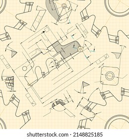 Mechanical engineering drawings on light background. Cutting tools, milling cutter. Technical Design. Cover. Blueprint. Seamless pattern. Vector illustration.