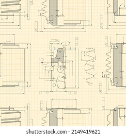 Mechanical engineering drawings on light background. Cutting tools, milling cutter. Technical Design. Cover. Blueprint. Seamless pattern. Vector illustration.