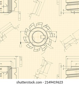 Mechanical engineering drawings on light background. Cutting tools, milling cutter. Technical Design. Cover. Blueprint. Seamless pattern. Vector illustration.