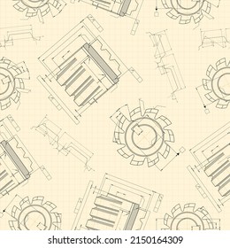 Mechanical engineering drawings on light background. Cutting tools, milling cutter. Technical Design. Cover. Blueprint. Seamless pattern. Vector illustration.