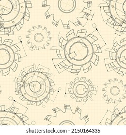 Mechanical engineering drawings on light background. Cutting tools, milling cutter. Technical Design. Cover. Blueprint. Seamless pattern. Vector illustration.