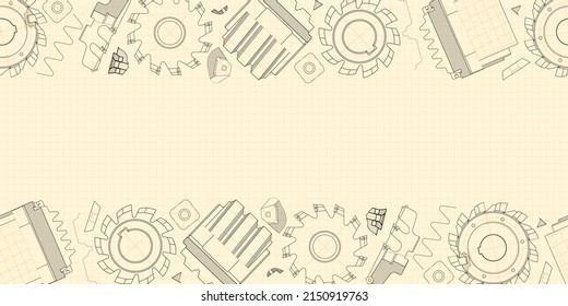 Mechanical engineering drawings on light background. Cutting tools, milling cutter. Technical Design. Cover. Blueprint. Horizontal seamless pattern. Vector illustration.