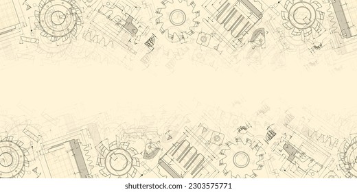 Mechanical engineering drawings on light background. Cutting tools, milling cutter. Technical Design. Cover. Blueprint. Seamless pattern. Vector illustration.