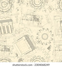 Mechanical engineering drawings on light background. Cutting tools, milling cutter. Technical Design. Cover. Blueprint. Seamless pattern. Vector illustration.