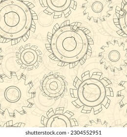 Mechanical engineering drawings on light background. Cutting tools, milling cutter. Technical Design. Cover. Blueprint. Seamless pattern. Vector illustration.