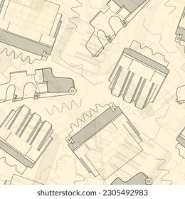 Mechanical engineering drawings on light background. Cutting tools, milling cutter. Technical Design. Cover. Blueprint. Seamless pattern. Vector illustration.