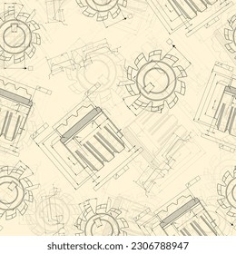 Mechanical engineering drawings on light background. Cutting tools, milling cutter. Technical Design. Cover. Blueprint. Seamless pattern. Vector illustration.