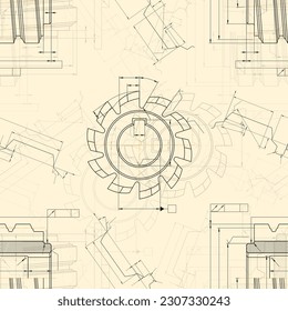Mechanical engineering drawings on light background. Cutting tools, milling cutter. Technical Design. Cover. Blueprint. Seamless pattern. Vector illustration.