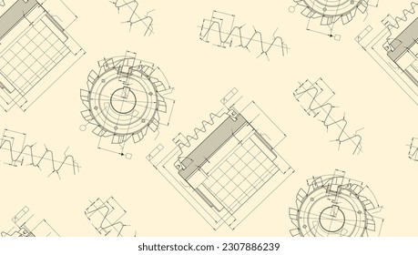 Mechanical engineering drawings on light background. Cutting tools, milling cutter. Technical Design. Cover. Blueprint. Seamless pattern. Vector illustration.