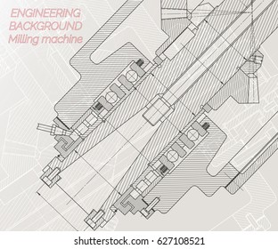 Mechanical engineering drawings on light background. Milling machine spindle. Technical Design. Cover.