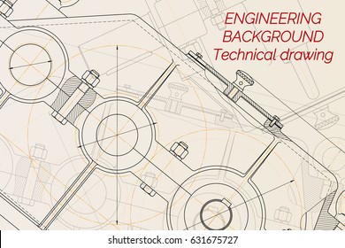 Mechanical engineering drawings on light background. Reducer. Technical Design. Cover. Vector illustration.