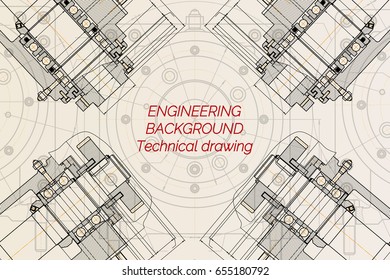 Mechanical engineering drawings on light background. Milling machine spindle. Technical Design. Cover. Blueprint. Vector illustration.
