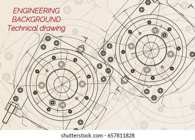 Mechanical engineering drawings on light background. Milling machine spindle. Technical Design. Cover. Blueprint. Vector illustration.