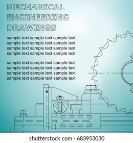 Mechanical engineering drawings on a light blue background. Blueprint