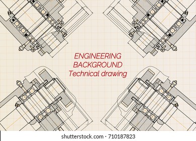 Mechanical engineering drawings on light background. Milling machine spindle. Technical Design. Cover. Blueprint. Vector illustration.