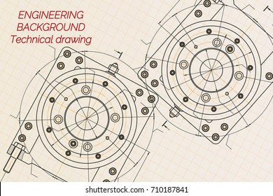 Mechanical engineering drawings on light background. Milling machine spindle. Technical Design. Cover. Blueprint. Vector illustration.
