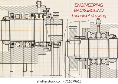 Mechanical engineering drawings on light background. Milling machine spindle. Technical Design. Cover. Blueprint. Vector illustration.