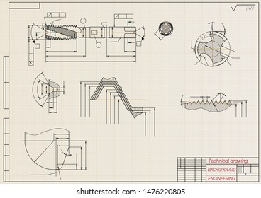 Mechanical engineering drawings on sepia background. Tap tools,  borer. Technical Design. Cover. Blueprint. Vector illustration.