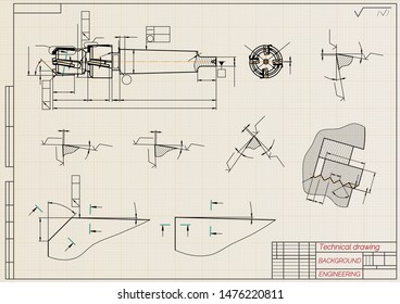Mechanical engineering drawings on sepia background. Tap tools,  borer. Technical Design. Cover. Blueprint. Vector illustration.