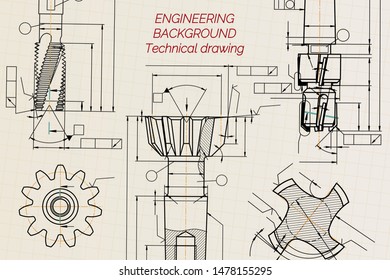 Mechanical engineering drawings on sepia background. Tap tools,  borer. Technical Design. Cover. Blueprint. Vector illustration.