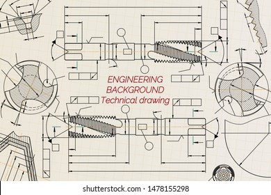Mechanical engineering drawings on sepia background. Tap tools,  borer. Technical Design. Cover. Blueprint. Vector illustration.