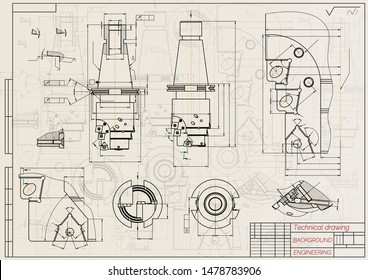 Mechanical engineering drawings on sepia background. Tap tools,  borer. Technical Design. Cover. Blueprint. Vector illustration.