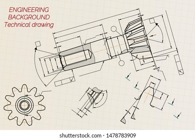 Mechanical engineering drawings on sepia background. Tap tools,  borer. Technical Design. Cover. Blueprint. Vector illustration.