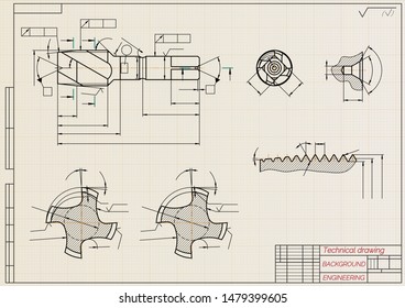 Mechanical engineering drawings on sepia background. Tap tools,  borer. Technical Design. Cover. Blueprint. Vector illustration.