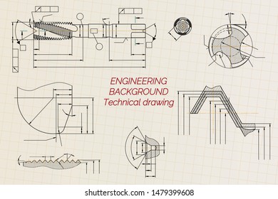 Mechanical engineering drawings on sepia background. Tap tools,  borer. Technical Design. Cover. Blueprint. Vector illustration.