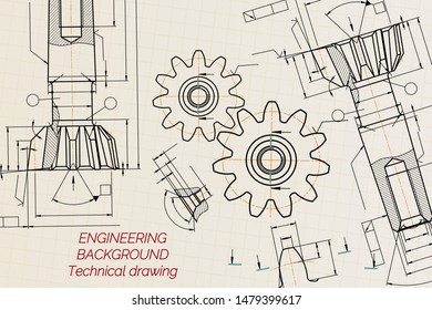 Mechanical engineering drawings on sepia background. Tap tools,  borer. Technical Design. Cover. Blueprint. Vector illustration.