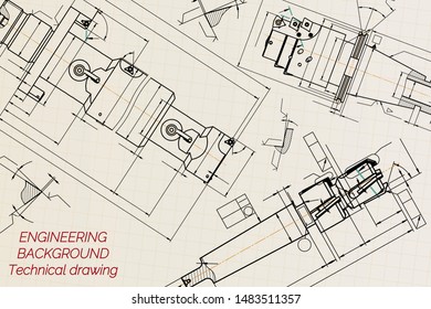 Mechanical engineering drawings on sepia background. Tap tools,  borer. Technical Design. Cover. Blueprint. Vector illustration.