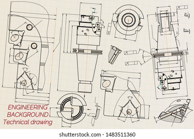 Mechanical engineering drawings on sepia background. Tap tools,  borer. Technical Design. Cover. Blueprint. Vector illustration.