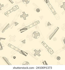 Mechanical engineering drawings on sepia background. Tap tools, borer. Technical Design. Cover. Blueprint. Seamless pattern. Vector illustration.