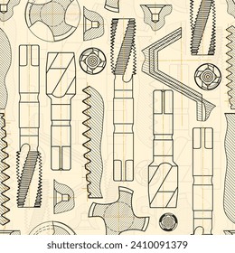 Mechanical engineering drawings on sepia background. Tap tools, borer. Technical Design. Cover. Blueprint. Seamless pattern. Vector illustration.