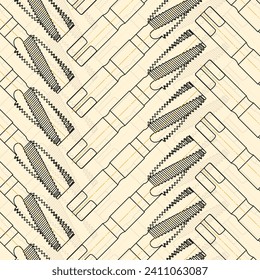 Mechanical engineering drawings on sepia background. Tap tools, borer. Technical Design. Cover. Blueprint. Seamless pattern. Vector illustration.